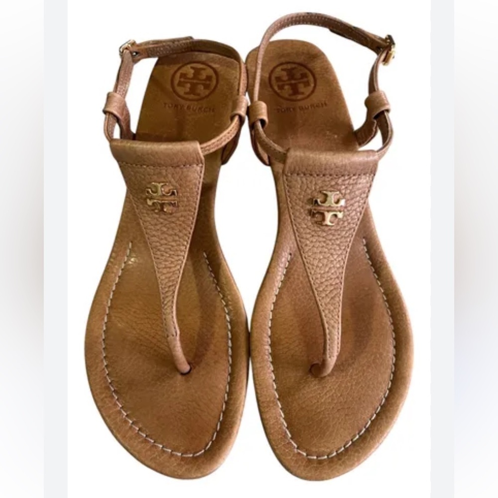Tory Burch Tan Leather Logo minimalist Thong Sandals